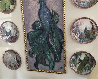 Collectable peacock plates and large signed peacock picture