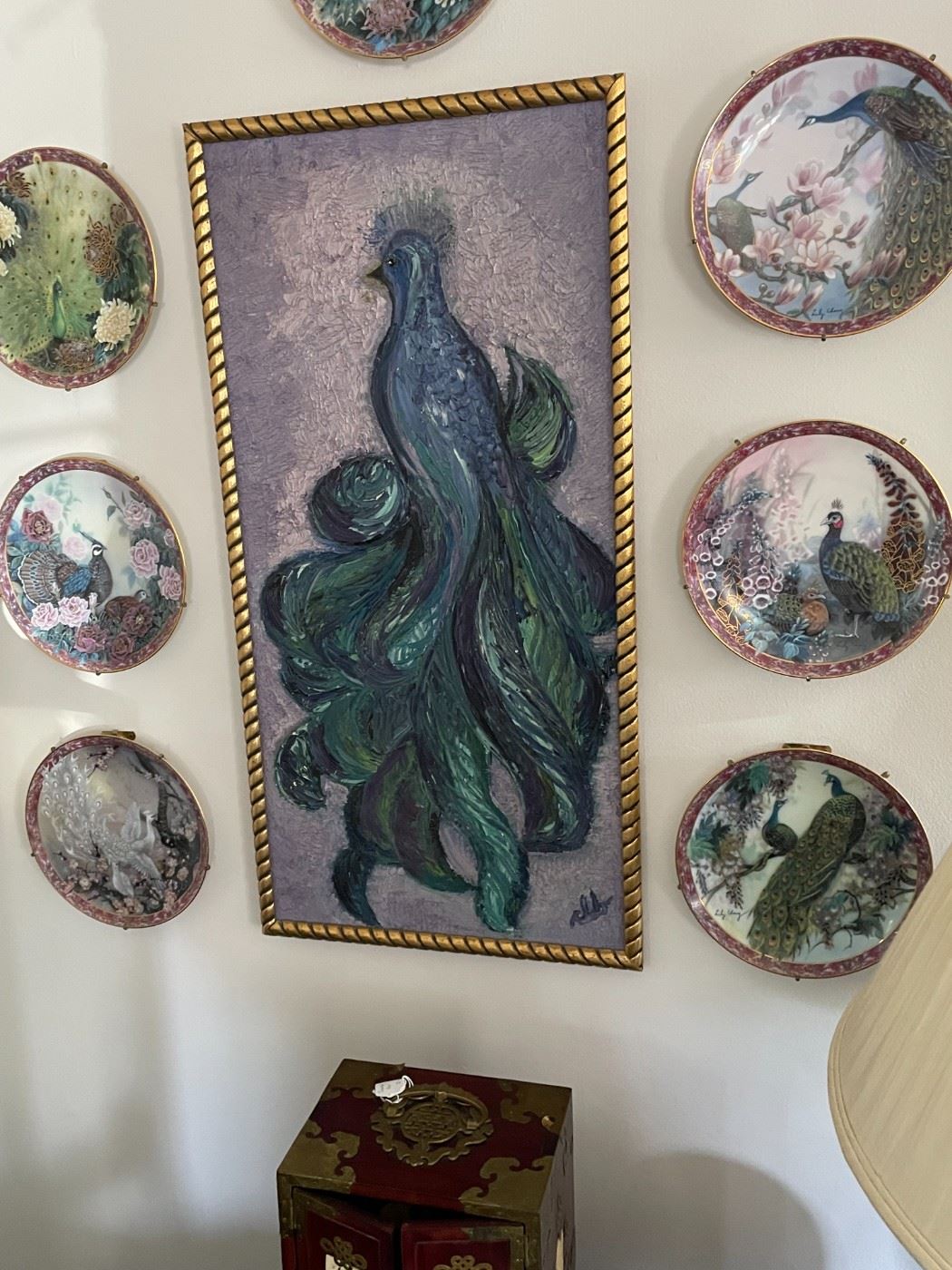 Collectable peacock plates and large signed peacock picture