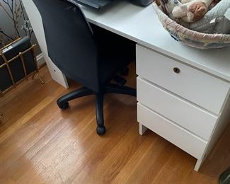 Clean white desk. Printer.Basket