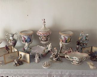 Several tables of beautiful Capodimonte, Meissen, Kalk and other unique pieces.
