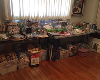 Craft room filled with sewing machines, notions, needlepoint, paints, brushes, canvases, frames, beads, jewelry making supplies ,woodcrafts and so much more! !