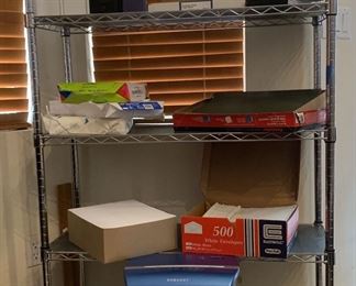 Office supplies and metal shelving