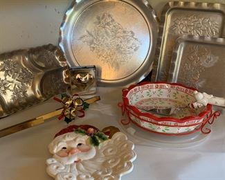 Metal platter and Christmas serving dishes