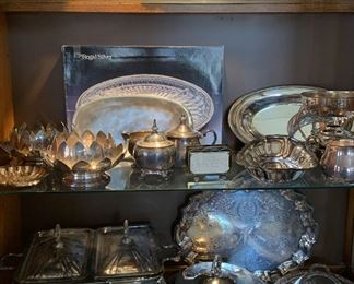 Metal and silver plate platters, decor, and serveware