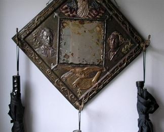 Antique Metal Mirror Coat hook. Constitution and Flag. 