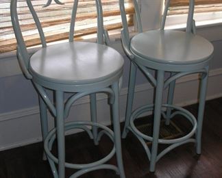 Pair Blue Bentwood Bar Stools