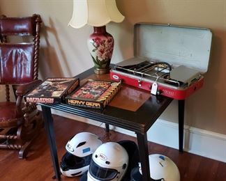 Card Table ,Coleman Cooker, Helmets