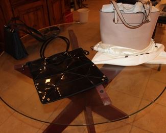 glass-top table, wood base