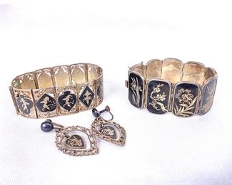 LIST507 Vntg Sterling Panel Bracelet Siam Bracelet Set