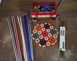 Lot of Knitting Needles, Vintage Marbles and Radio Flyer