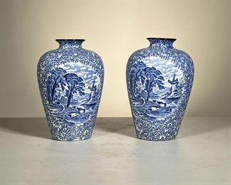 Pair Blue & White Vases | A pair of J Kent Fenton Olde Foley Ware Blue and White Vases, made in England; depicting a matching pastoral scene with windmill. - h. 8.5 in (each)