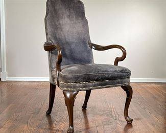 Suede Upholstered Library Chair | Georgian style library chair with curved arms, having greenish gray suede and brass tacks. -  l. 27 x w. 27 x h. 43 in