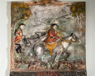 Red Fox Ceramic Trade Sign | Sculpted ceramic, "Just what you been hunting for… Red fox… Ale and lager / Waterbury Connecticut"; showing fox hunters on horseback. - w. 19 x h. 21 in