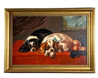 Oil Painting Of Dogs | Oil on canvas painting of two King Charles cavalier dogs en repose with fruit, with mountainous landscape in background; housed in a gilt frame; unsigned or signed with indistinct initials lower right. -  l. 20 x w. 28.5 in (overall)