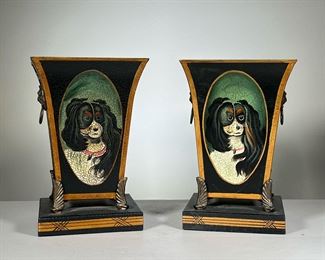 Pair Tole Planters | A pair of hand-painted tole planters with King Charles cavalier dogs . -  l. 7 x w. 7 x h. 11 in (each)