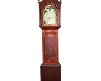 English Longcase Clock | Scroll top with pressed brass rosettes and three brass finials, the face with Roman numerals markers, painted with green and gold embellishments, and a rotating panel with a Country scenes, having an oak inlaid case . -  l. 21 x w. 10.5 x h. 92 in