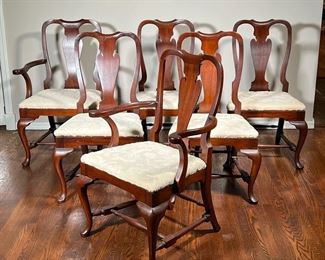 (6pc) Queen Anne Dining Chairs | 2 armchairs and 4 side chairs, with textured floral patterned seats; well constructed and appearing in excellent condition. - l. 19 x w. 27 x h. 38 in (chairs)