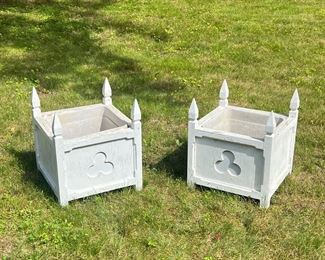 Pair Of Planters | Pair of wood planters painted white with four posts at each corner and a clover-shaped cutout on the side. - l. 19 x w. 19 x h. 22 in