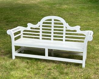 Scroll Bench | White wooden garden bench with scrolled arms and shaped slatted back - Note that a large vehicle is required for pickup! - l. 75 x w. 20 x h. 37 in