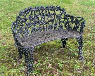 Wrought Iron Bench | Small wrought iron garden bench painted black with grapevine motifs composing the seat, back, and legs. -  l. 38 x w. 14 x h. 26 in