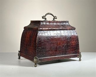 Reptile Style Box | Sterling industries wooden storage box with reptile skin texture, serpent brass handle on lift top lid, fluted scroll feet with shell knees. - l. 11.5 x w. 8.5 x h. 11 in