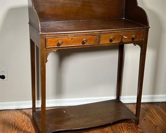 Antique Dry Sink | Wood washstand with two drawers and a lower shelf for storage, key present. -  l. 30 x w. 14 x h. 39 in