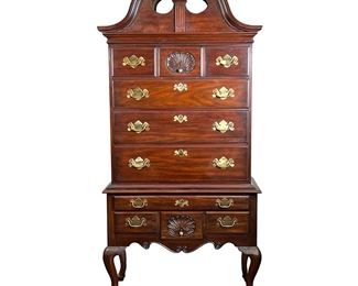 Henkel Harris Highboy | Highboy by Henkel Harris - Virginia Galleries, with shell carvings; comes apart into three pieces: base, chest of drawers, and bonnet top.