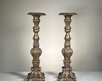  (2pc) Pair Composition Torchieres | Razz Imports candle stands painted with scroll and rococo devices; floor or tall table top candleholders. - l. 7 x w. 7 x h. 24 in