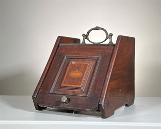 Antique Inlaid Coal Scuttle | The slanted lid with inlaid shell device, with a tin insert. -  l. 17 x w. 12.5 x h. 13 in