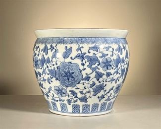 Large Blue & White Glazed Bowl | Fish bowl or jardiniere with floral blue underglaze pattern. - h. 12 x dia. 15 in