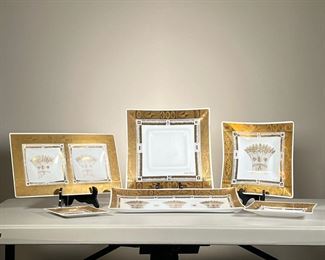 (6pc) Georges Briard Platters | Six piece Georges Briard mid century modern platter collection with fancy gilt rims. -  l. 12 x w. 12 in (largest square platter)