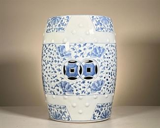 Chinese Garden Seat | Blue and white garden seat with scrolling floral pattern. - h. 19 x dia. 13 in