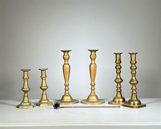  (7pc) Brass Candlesticks | Three pairs of brass candlesticks and a brass snuffer. - h. 11 in (taller candlestick pair)