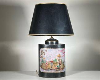 Painted Tole Lamp | Cylindrical black table lamp, painted toleware depicting Chinese children playing in a yard. - h. 28 x dia. 15 in (overall)