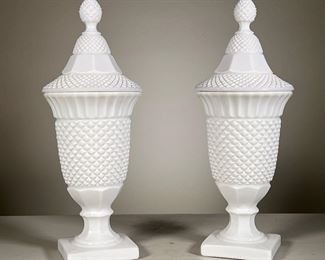 Pair White Jars | Pair of acorn textured white urns / jars. - h. 15 in (each)