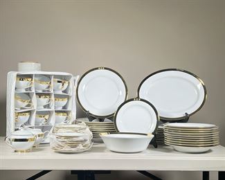  (66pc) Ralph Lauren Academy Dinner Set | White china with gilt borders and Ralph Lauren hallmarks; including 10 dinner plates (10.5 inch), 10 salad plates (8 inch), 10 bread plates (6.5 inch), 10 soup bowls (9 inch), 1 platter (13.75 inch), 1 serving bowl (9 inch), 11 teacups, 11 saucers, 1 lidded sugar bowl, 1 creamers. 
