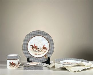 (8pc) Ralph Lauren Wedgwood Set | Six dinner plates and an oblong lidded box from the Ralph Lauren and Wedgwood Balmoral Hunt collection collaboration; plus a matching mug, all with fox hunting scene and houndstooth border. - dia. 10.75 in (plates)