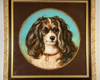 OIL PAINTING OF DOG | Regal portrait in tondo of a very good King Charles Cavalier dog; gilt frame. - w. 25 x h. 24.75 in (overall)