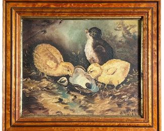 1909 Painting Of Baby Pheasants | Framed painting of three recently hatched pheasant nestlings; signed and dated lower right “M.B. Miller 1909”. - l. 11 x w. 12.5 in (framed)