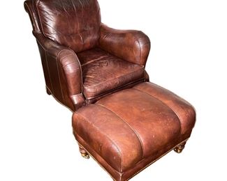 Whitemore Sherrill Ltd. Leather Armchair & Ottoman | Leather armchair with matching ottoman on casters; 28 x 20 x 17 (ottoman). -  l. 40 x w. 32 x h. 35 in