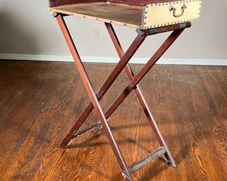 Copper / Leather Drinks Tray | Leather wrapped 3/4 tray with side handles on a tall, folding X-form stand; overall height with stand 37 in. -  l. 25 x w. 18 x h. 4 in (Trey only)