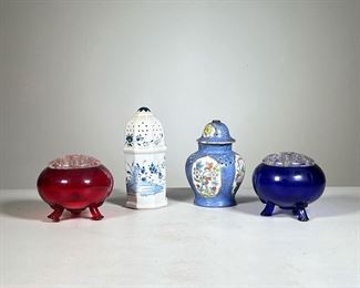 (4pc) Fragrance Jars | One Aerozon D.R.G.M #47 (missing pieces); pair of round glass lidded jars (red and blue); and one blue and white tall fragrance jar with corked bottom. - h. 7 in (blue and white jar)