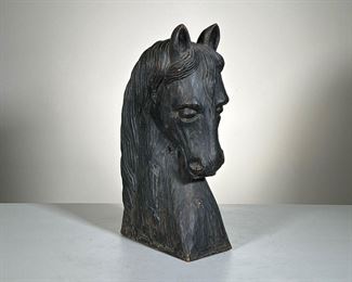 Carved Horse Bust | Carved wood horse bust with felt bottom, in black paint. -  l. 9 x w. 4.5 x h. 18 in