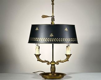 Brass Candlestick Lamp | Two arm brass candlestick lamp with black tole shade and arrow feather finial. - w. 14 x h. 23 in (overall)