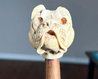 Bulldog Cane | Antique cane topped with carved bulldog handle; with brass accents. - h. 36.5 in