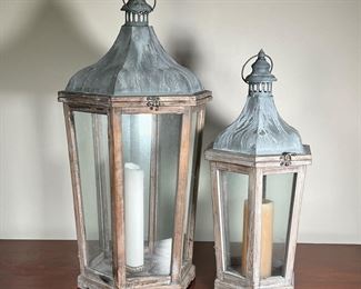  (2pc) Wood Lanterns | Including a large decorative wood lantern with glass panels and a matching lantern of smaller size. -  l. 16 x w. 14 x h. 31 in (largest, approx.)
