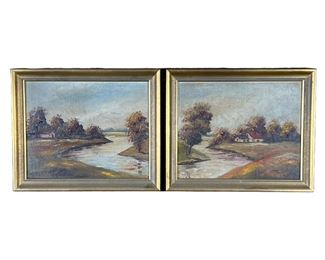 Pair Oil Paintings | Pair of framed oil paintings with landscape scenes, each depicting the same house by a river from different viewpoints; signed “H. Costello” in the lower right and left corners. - l. 9.5 x w. 11.5 in (overall)