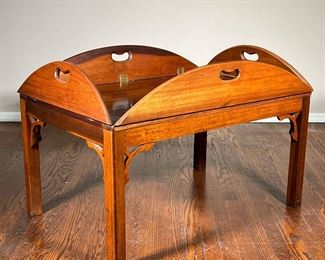 Butler’s Tray Table | Wood table with folding handle sides that lock in place and can be lifted over the table base. - l. 37 x w. 25 x h. 25 in (sides folded up)