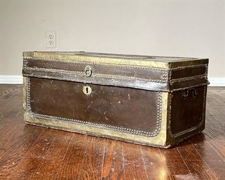 Vintage Storage Trunk | Leather wrapped wood trunk with hinged lid, having brass tacks and hardware . - l. 12.5 x w. 24.5 x h. 11 in