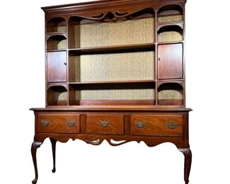 Sideboard With Hutch | Three deep drawers, serpentine skirting, cabriole legs with shell, matching hutch with open shelving with plate display notches, two closed door cubbies. - l. 67.5 x w. 20 x h. 81 in (overall)